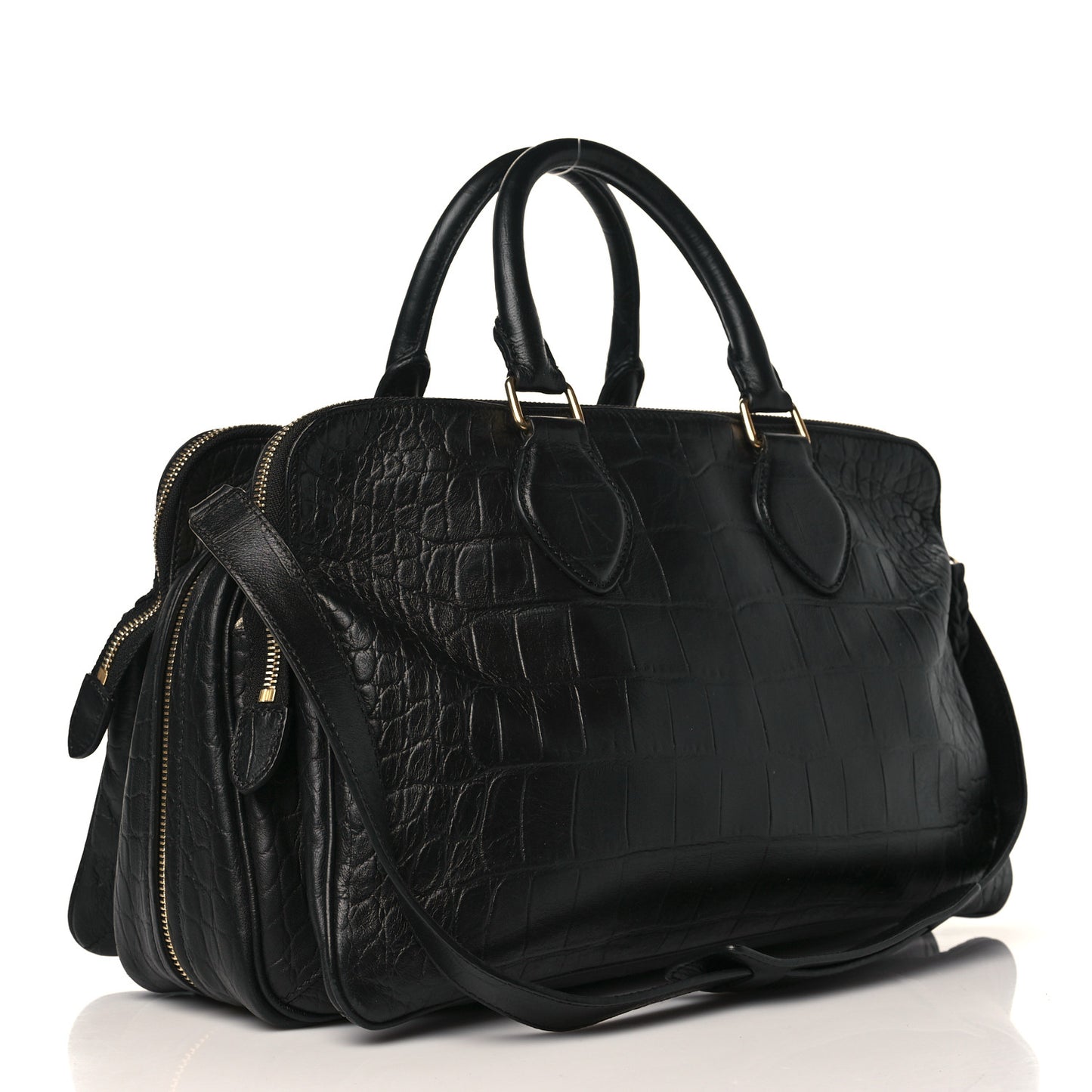 Crocodile Embossed Calfskin Small Triptyque Satchel Black