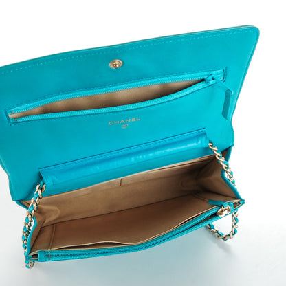 Chanel Lambskin Camellia Embossed Wallet On Chain WOC Turquoise 6 of 9