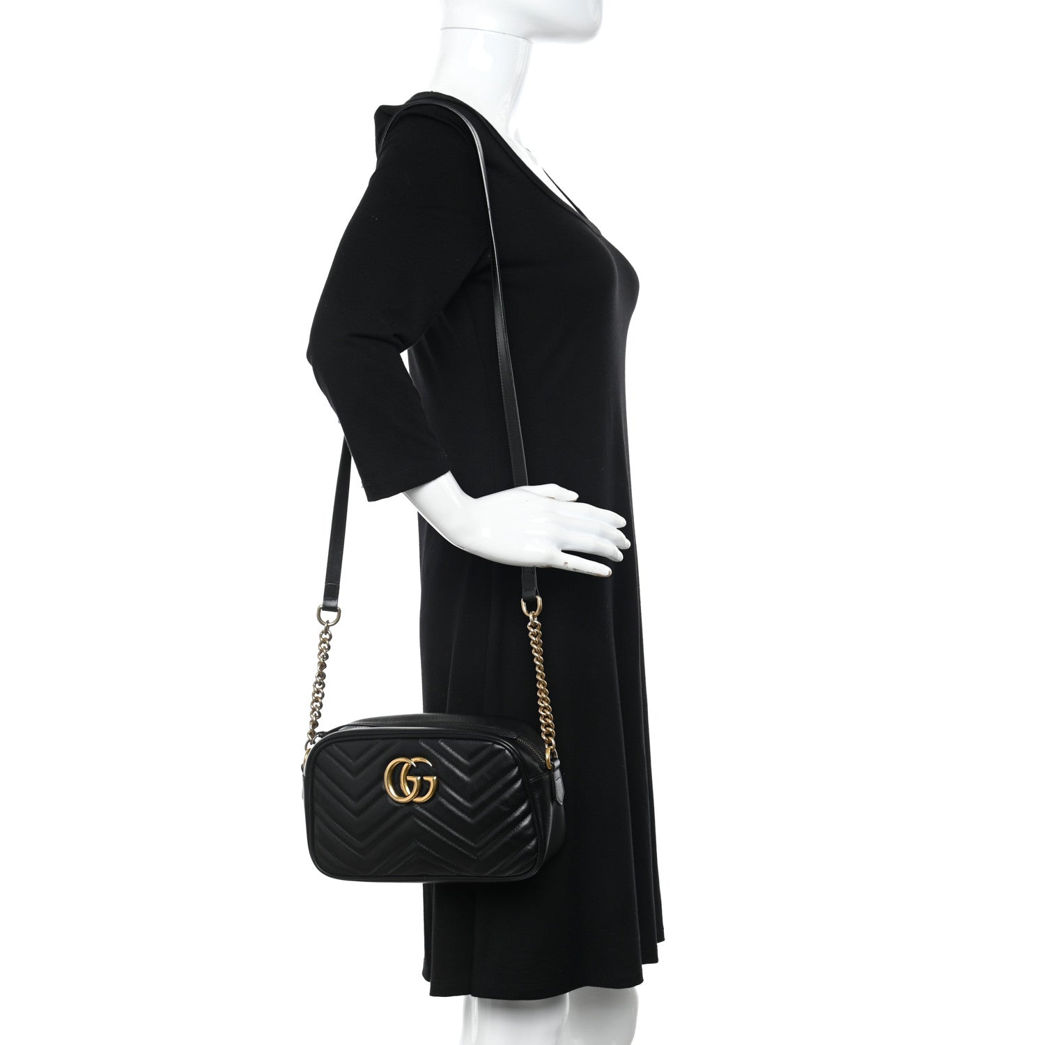 Gucci Calfskin Matelasse Small GG Marmont Chain Shoulder Bag Black 2 of 12