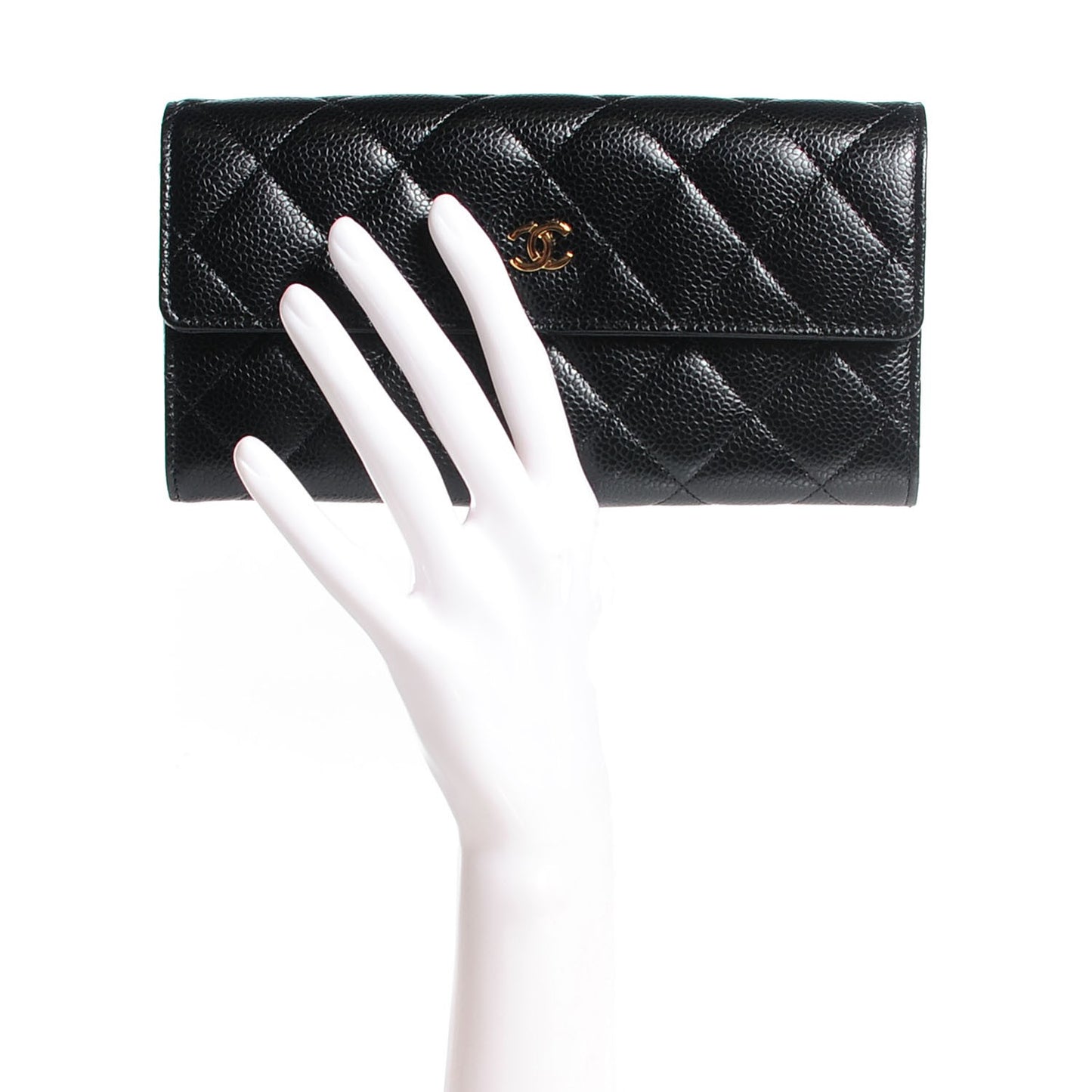 Caviar Quilted Large Gusset Flap Wallet Black