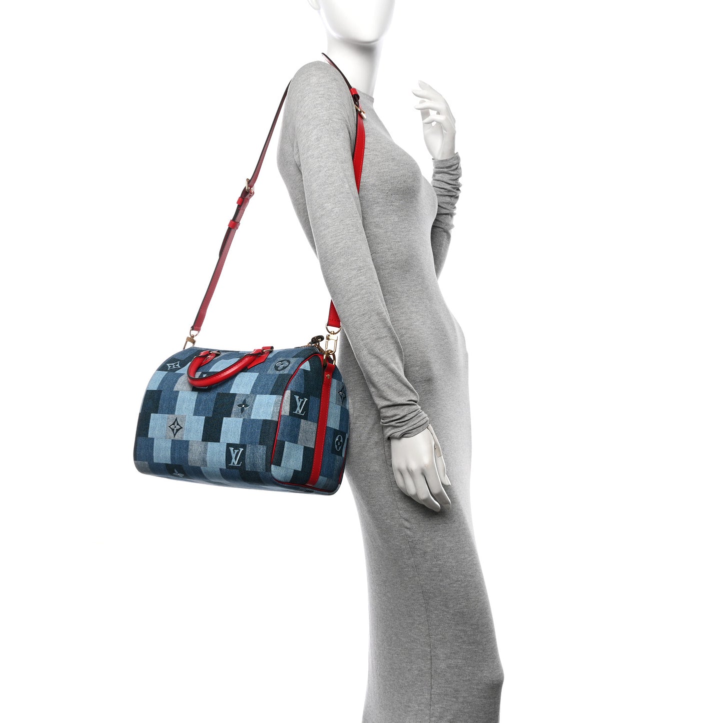 Denim Damier Monogram Patchwork Speedy Bandouliere 30 Blue Rouge