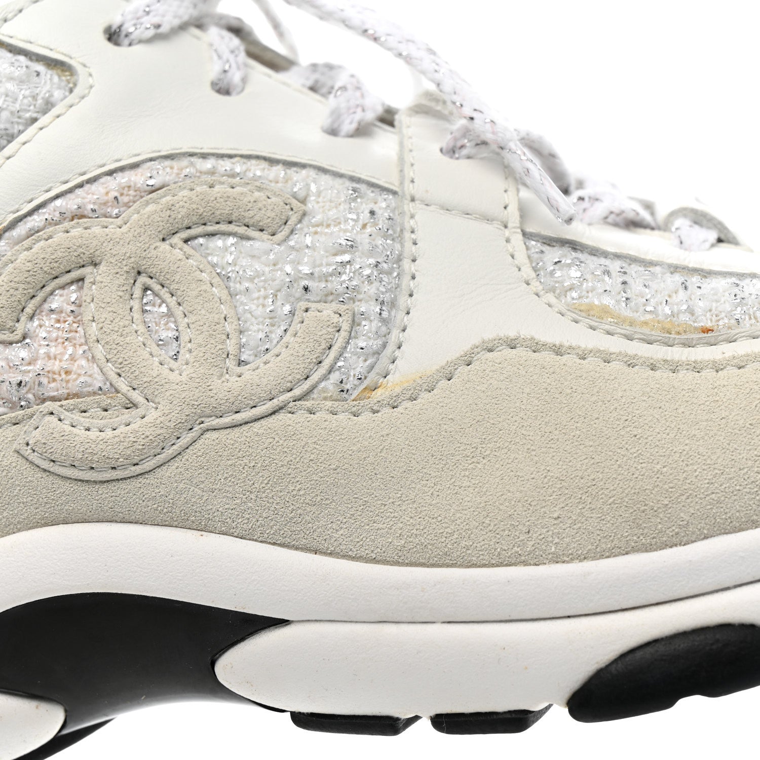 Chanel Painted Iridescent Cotton Tweed Suede Womens CC Sneakers 39 White Silver Multicolor 12 of 16