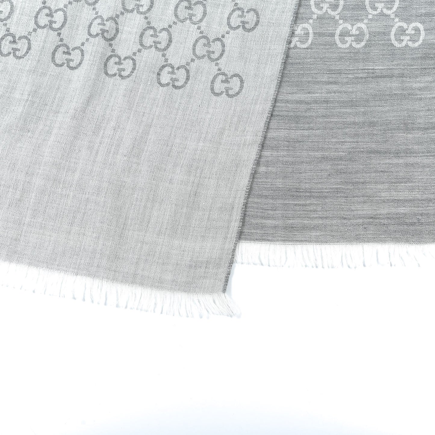Wool Silk Monogram Fringe Scarf Grey