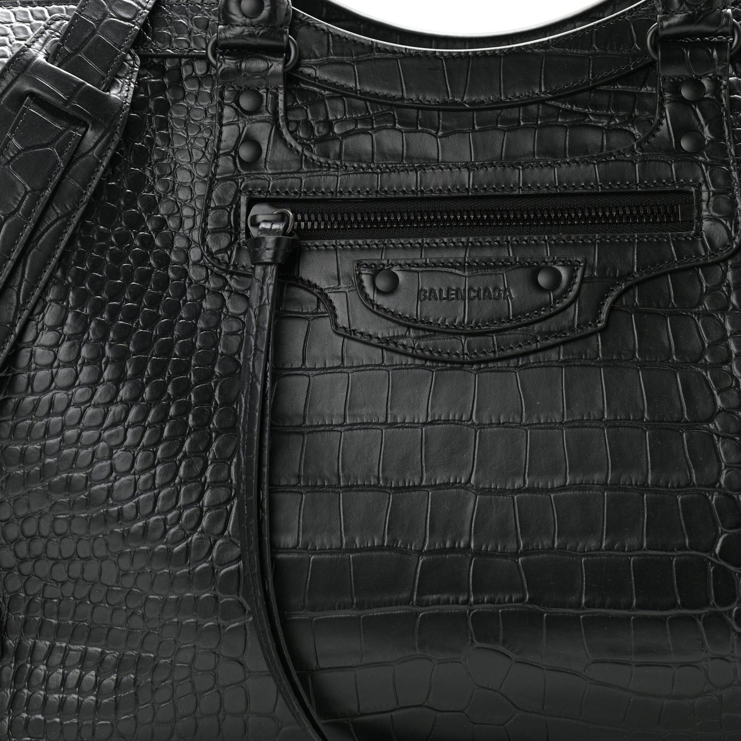 Semi Matte Calfskin Crocodile Embossed Neo Classic Black Hardware Large City Black