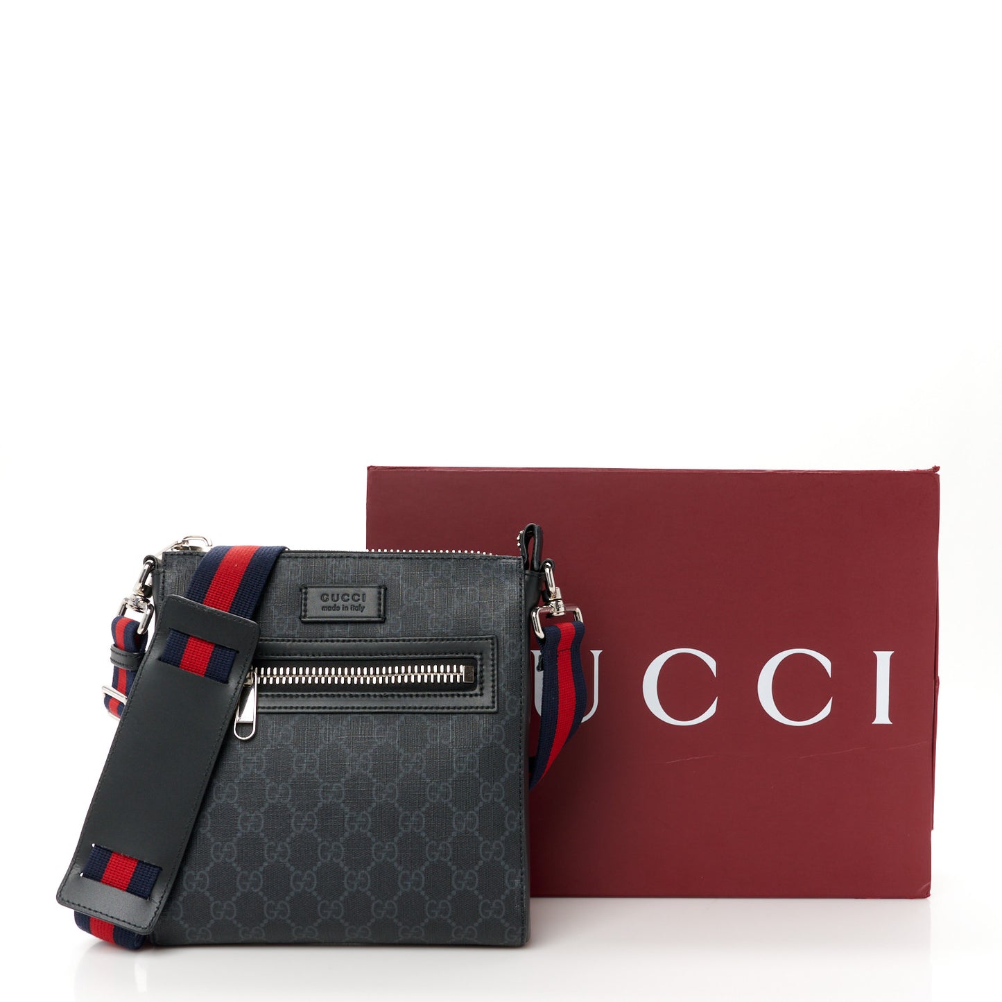 GG Supreme Monogram Web Small Flat Messenger Bag Black Grey