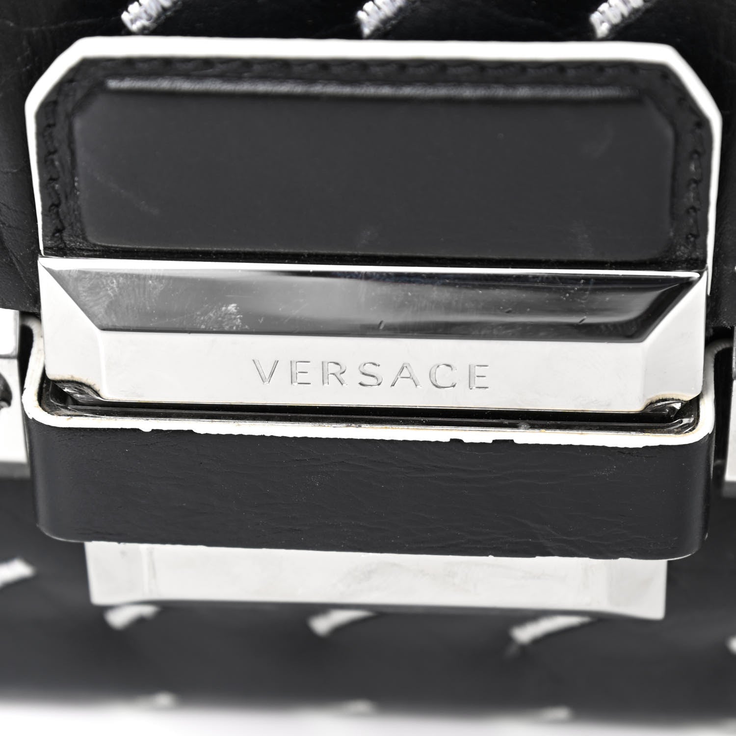 Versace Calfskin Embroidered Chain Shoulder Bag Black White 7 of 9