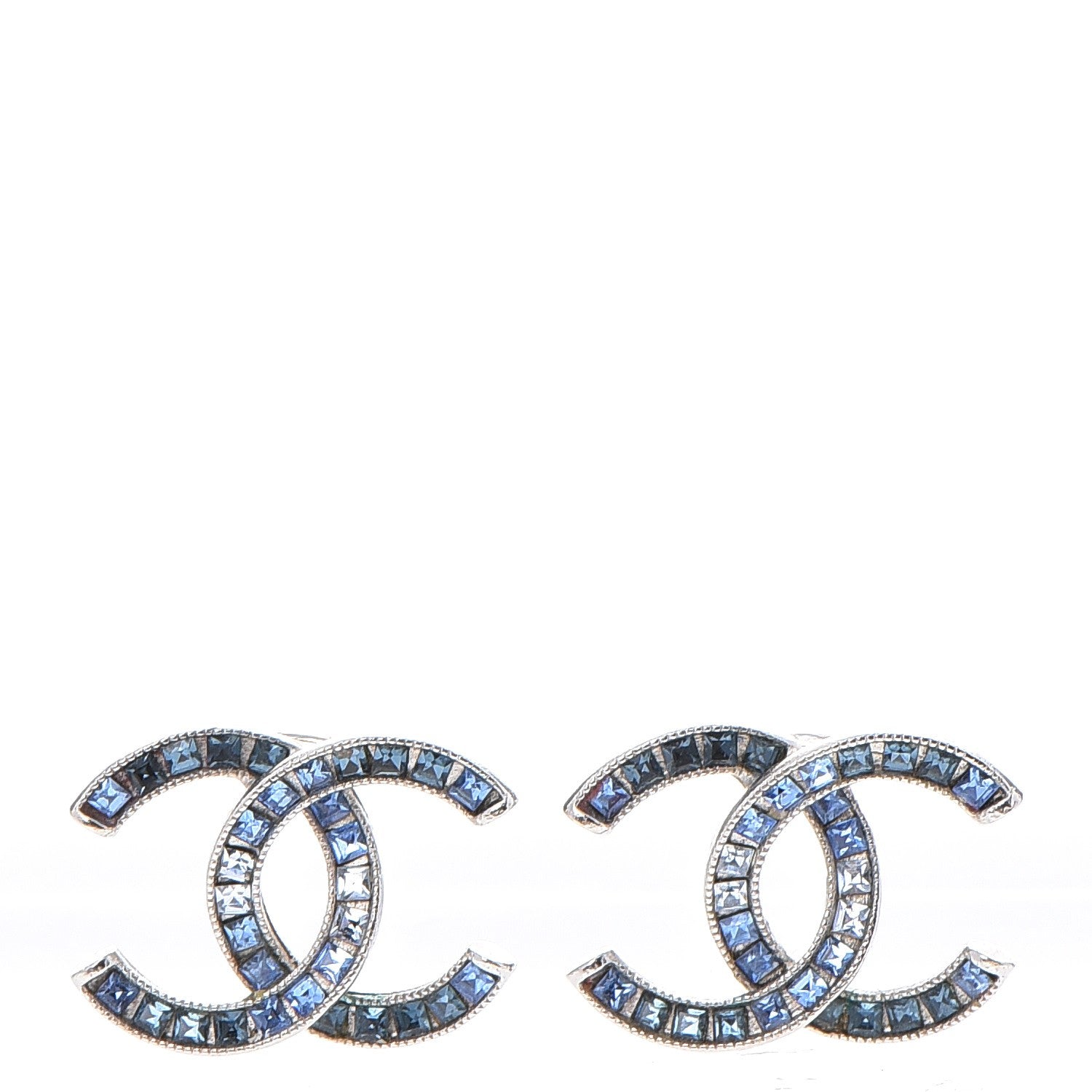 Chanel Baguette Crystal CC Earrings Silver Blue 1 of 6
