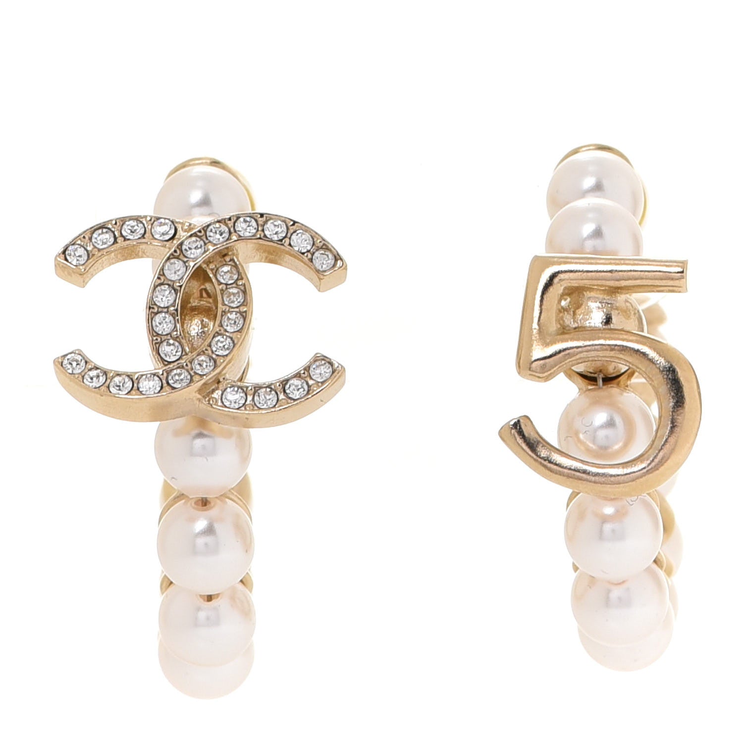 Chanel Crystal Pearl CC No 5 Hoop Drop Earring Gold 1 of 5