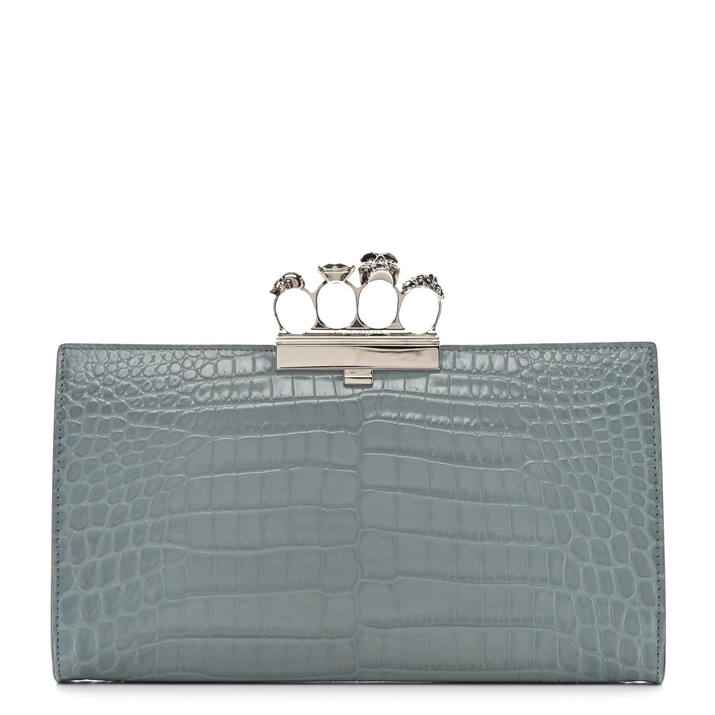 Calfskin Crocodile Embossed Knuckle Flat Clutch Light Blue