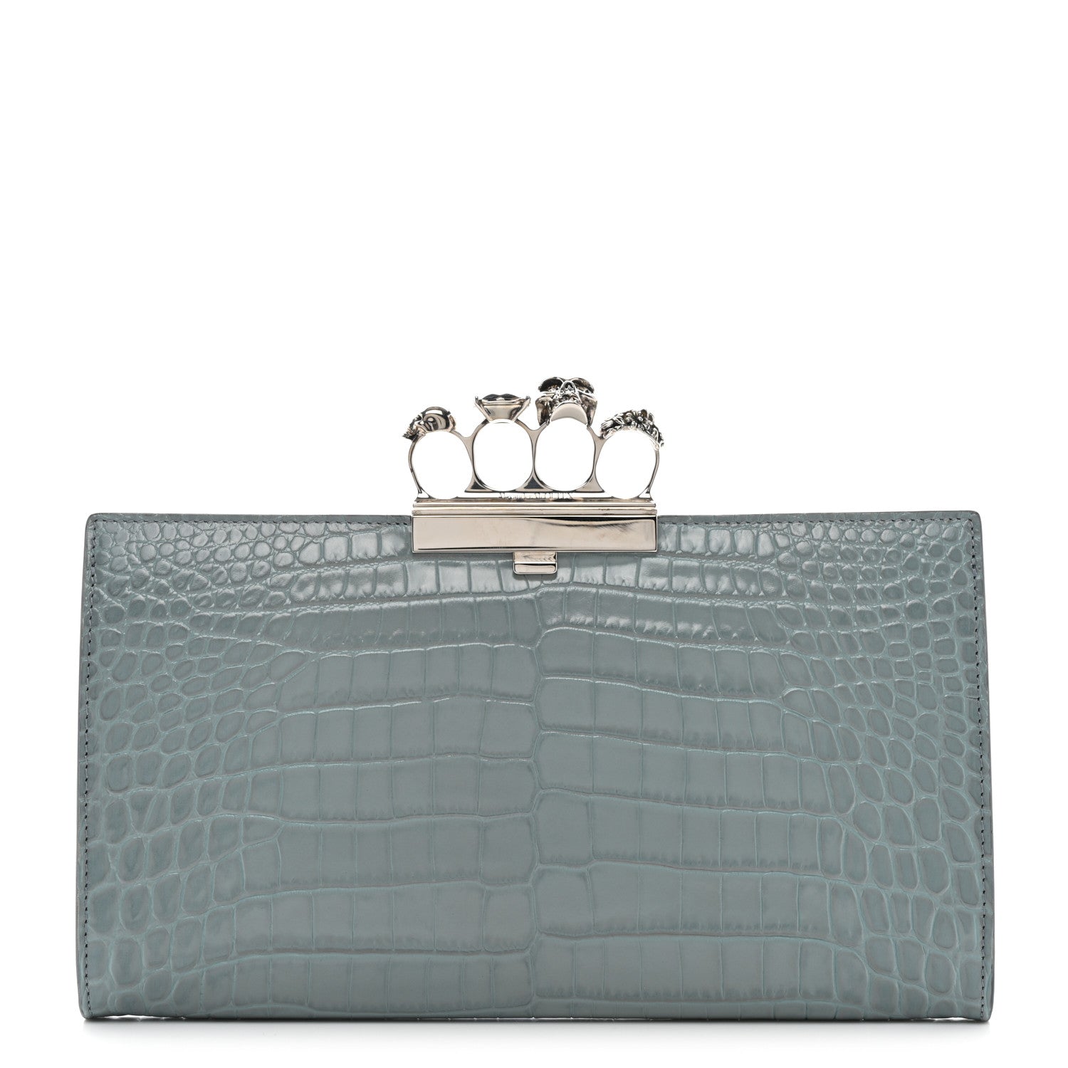 Alexander McQueen Calfskin Crocodile Embossed Knuckle Flat Clutch Light Blue 1 of 7