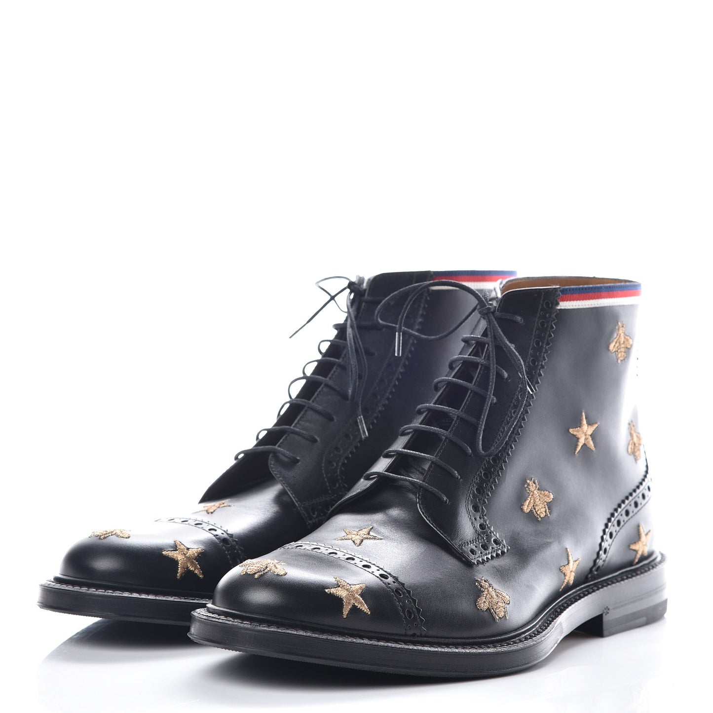 Calfskin Sylvie Web Bee Star Embroidered Mens Brogue Captoe Boots 8 Black