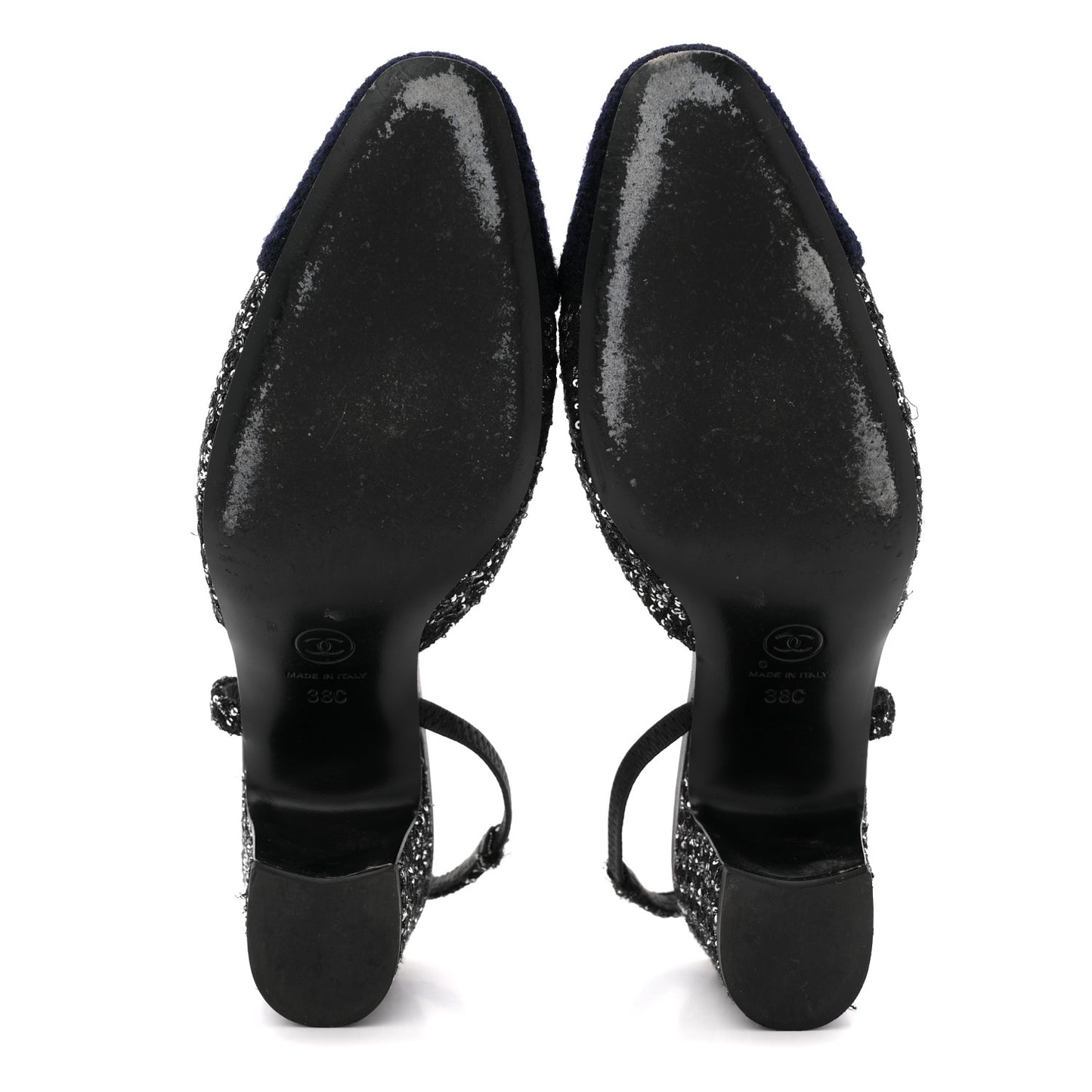 Tweed Sequin Cap Toe CC Slingback Pumps 38 Black White Silver