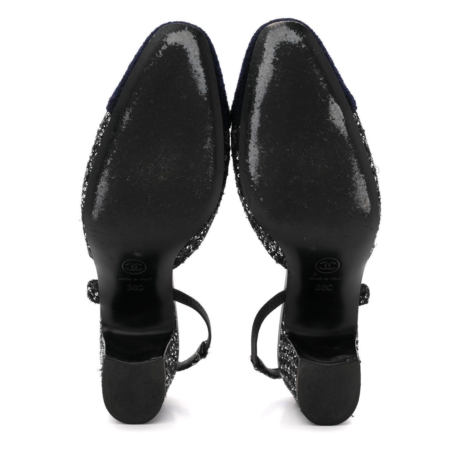 Chanel Tweed Sequin Cap Toe CC Slingback Pumps 38 Black White Silver 6 of 14