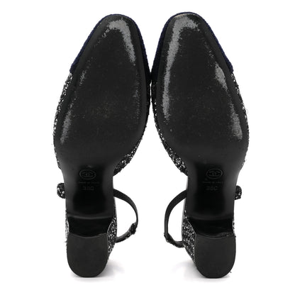 Chanel Tweed Sequin Cap Toe CC Slingback Pumps 38 Black White Silver 6 of 14