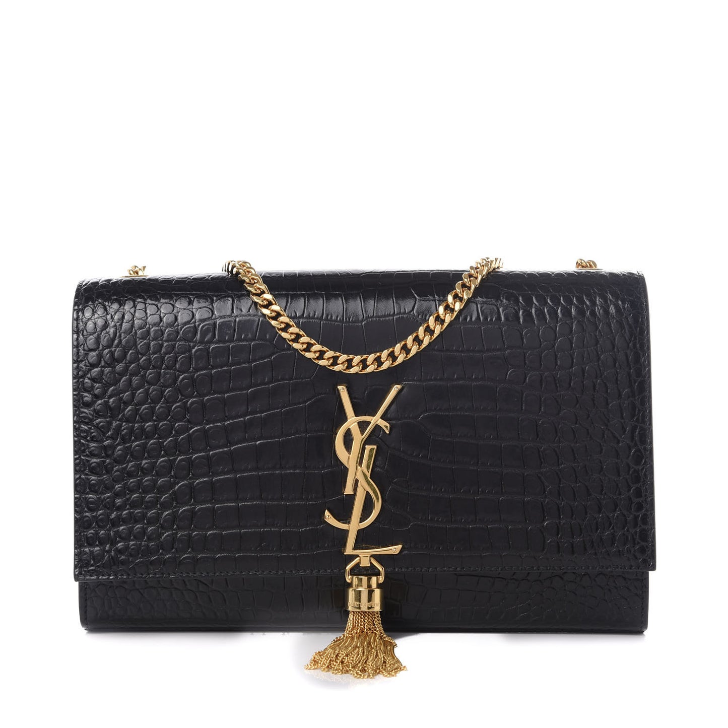 Calfskin Crocodile Embossed Medium Classic Monogram Kate Tassel Satchel Black
