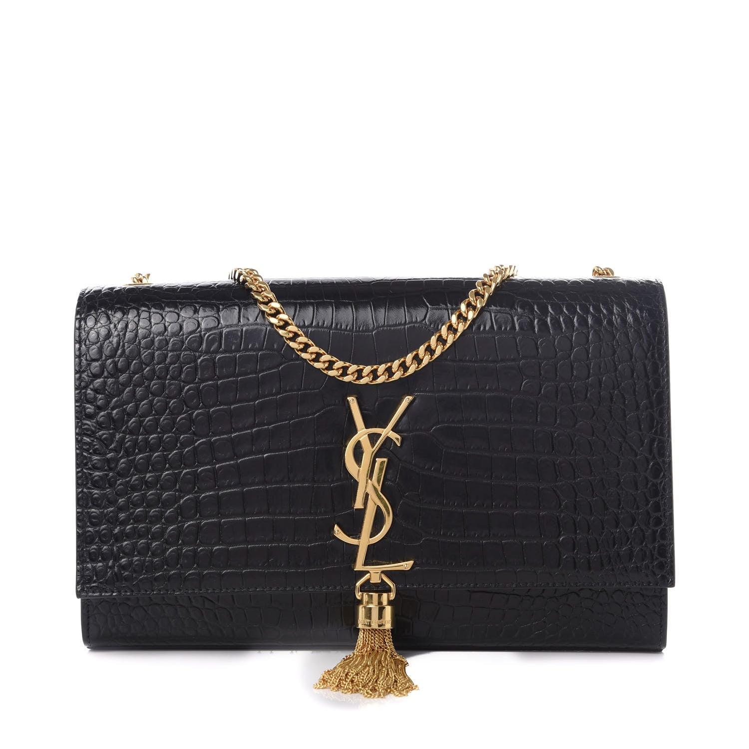 Saint Laurent Calfskin Crocodile Embossed Medium Classic Monogram Kate Tassel Satchel Black 1 of 10