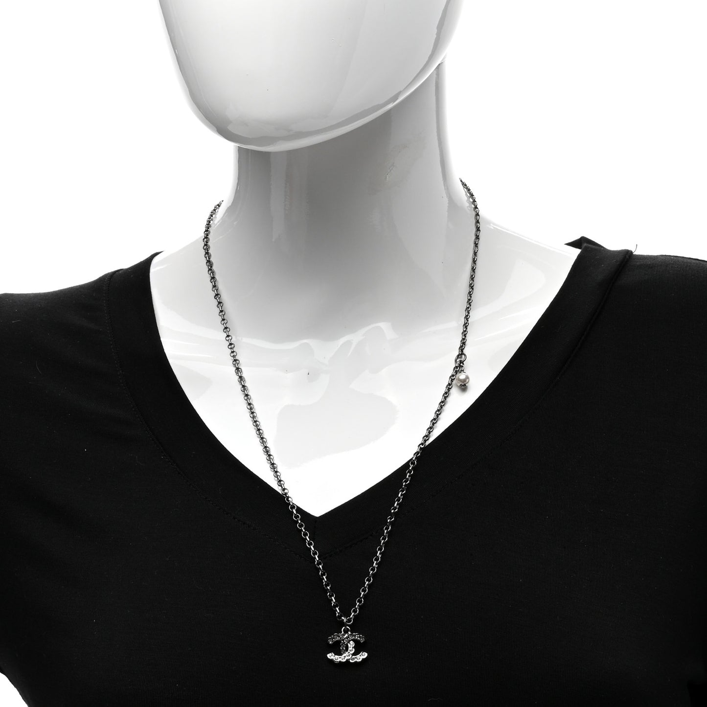Pearl Crystal CC Pendant Necklace Ruthenium