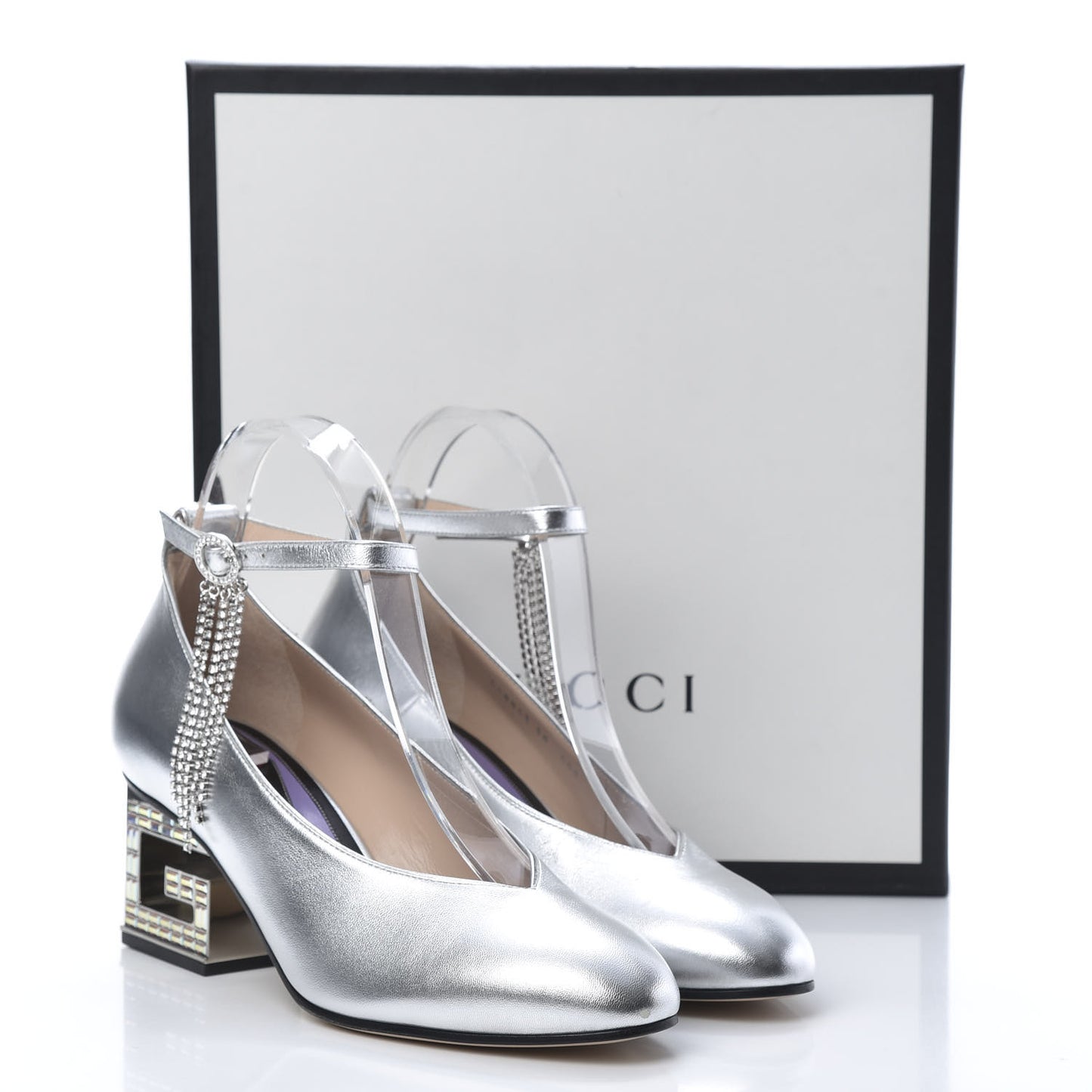 Metallic Nappa Crystal Square G Mid Heel Pumps 38 Silver