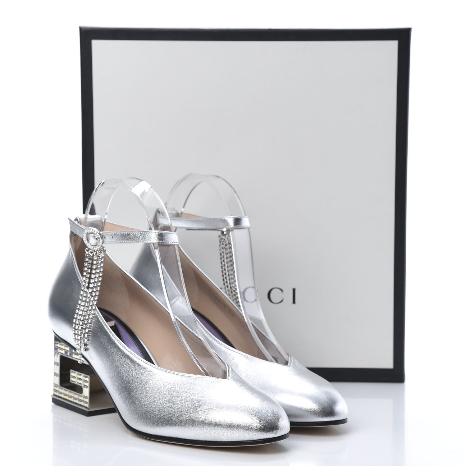 Gucci Metallic Nappa Crystal Square G Mid Heel Pumps 38 Silver 11 of 11