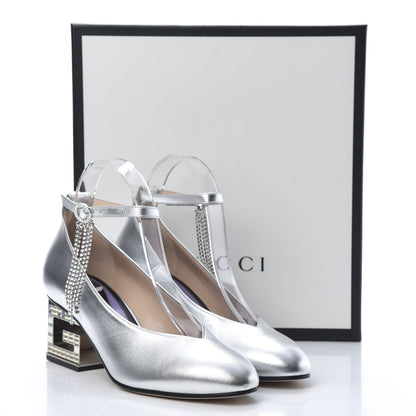 Gucci Metallic Nappa Crystal Square G Mid Heel Pumps 38 Silver 11 of 11