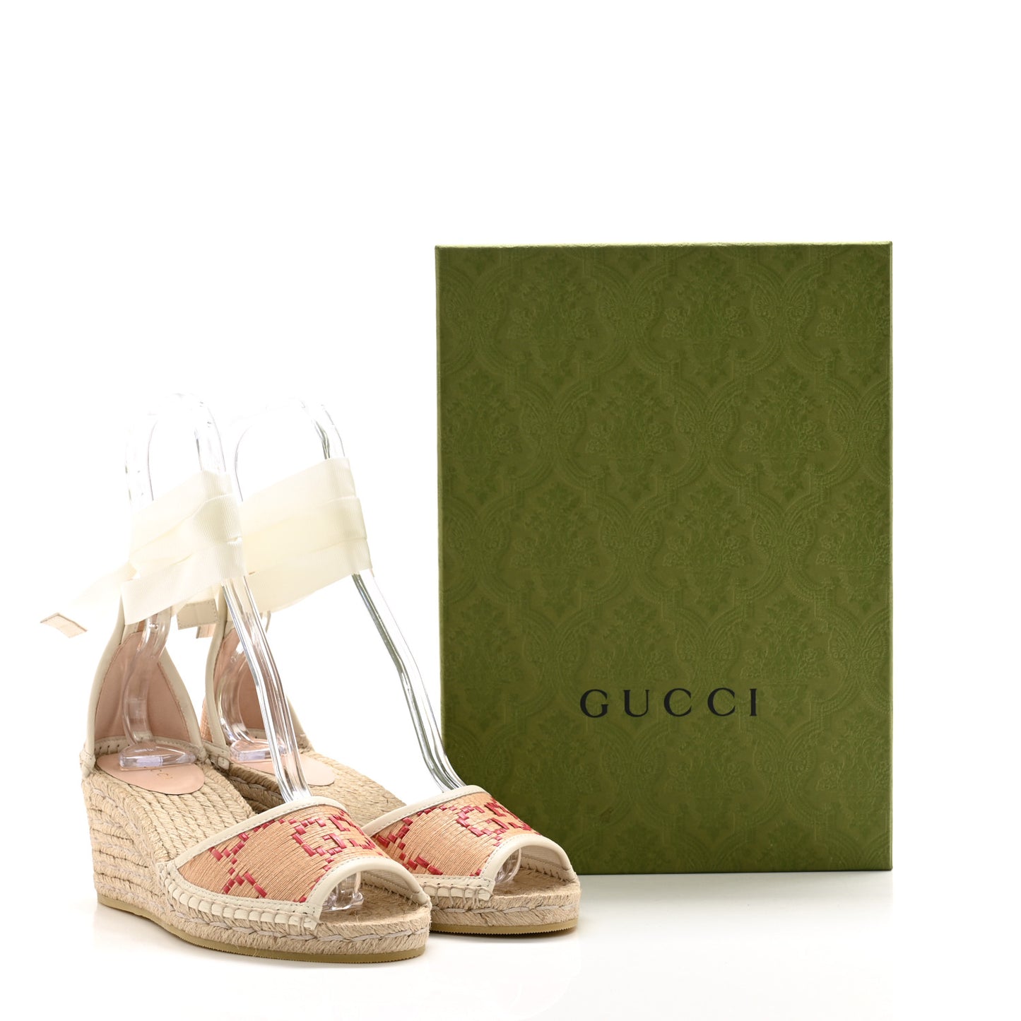 GG Raffia Monogram Ankle Wrap Platform Espadrille Wedge Sandals 37 Beige