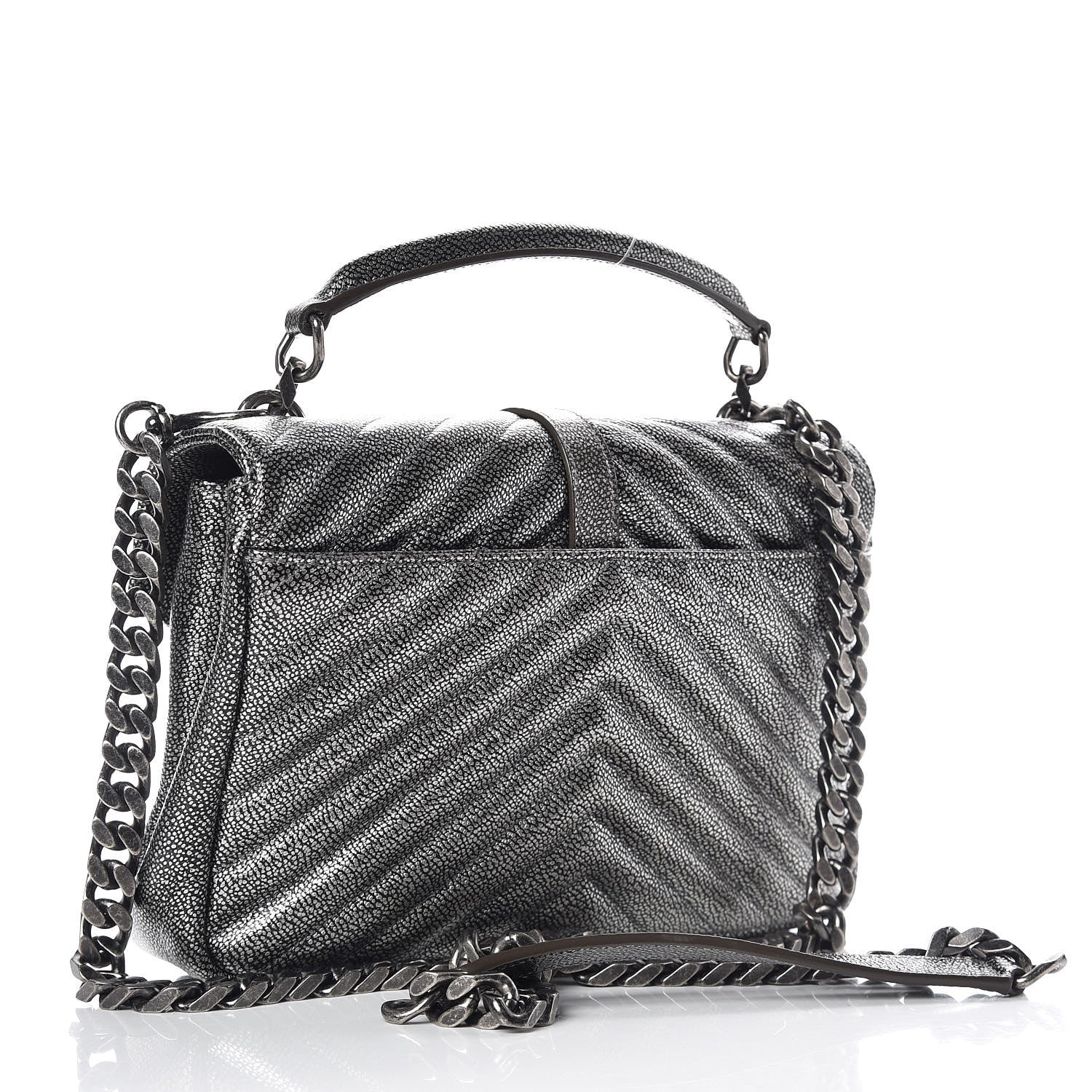 Saint Laurent Metallic Grain De Poudre Matelasse Chevron Monogram Medium College Bag Gunmetal 3 of 9