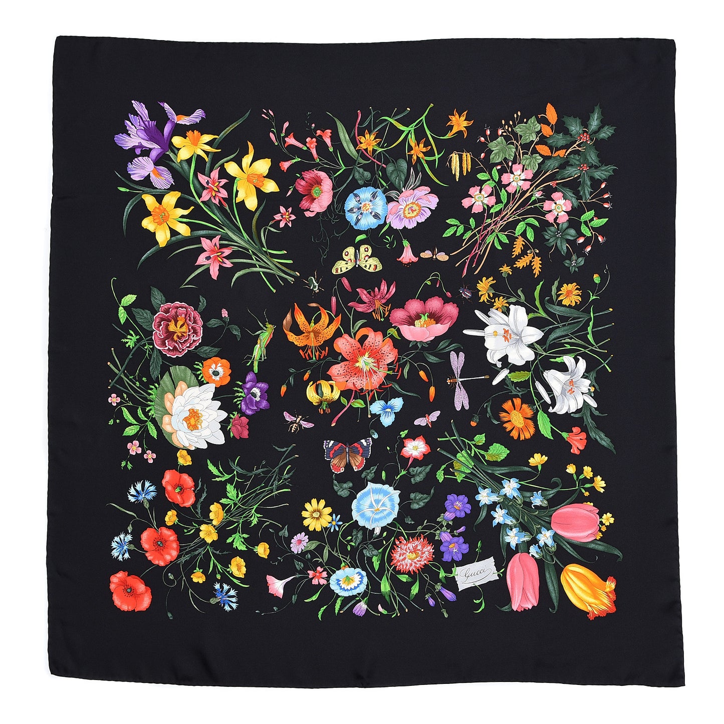 Silk Floral Square Scarf Black