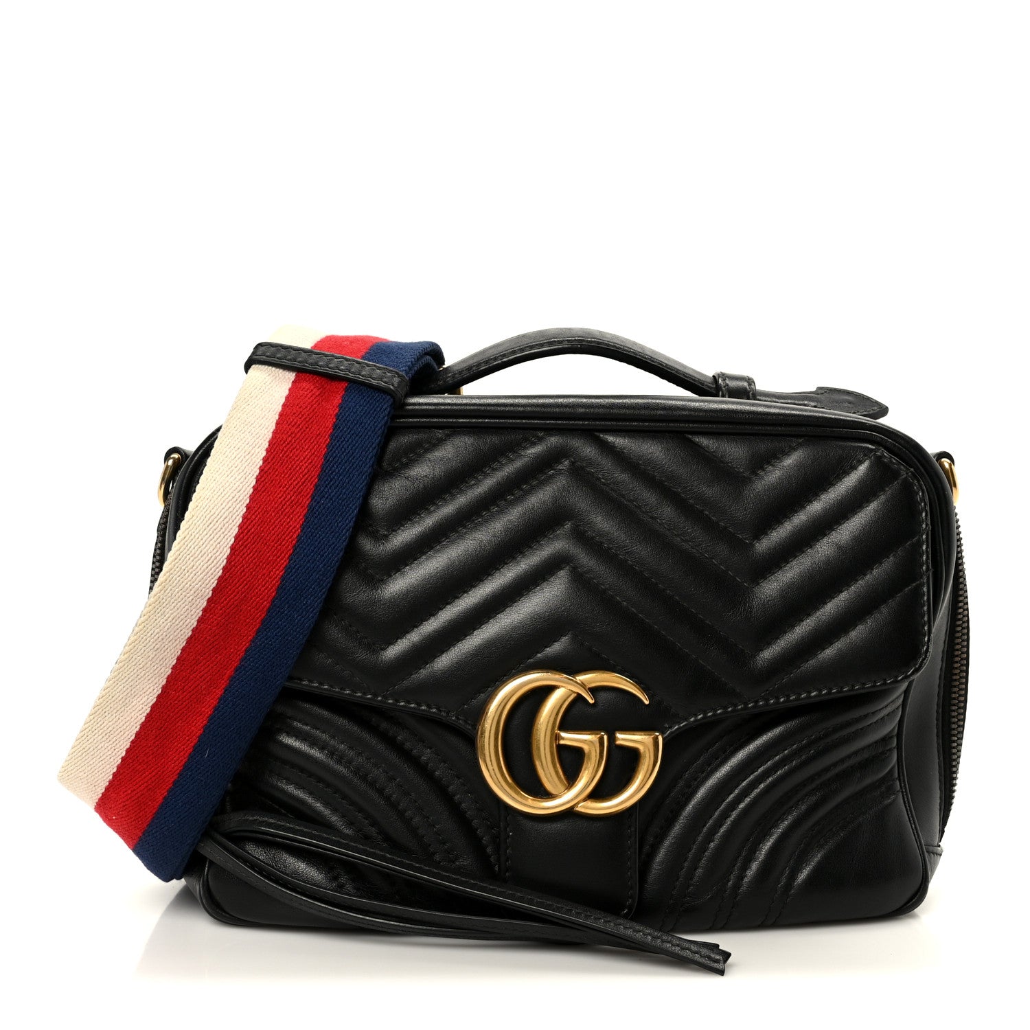 Gucci Calfskin Matelasse Sylvie Web Small GG Marmont Top Handle Shoulder Bag Black 1 of 11