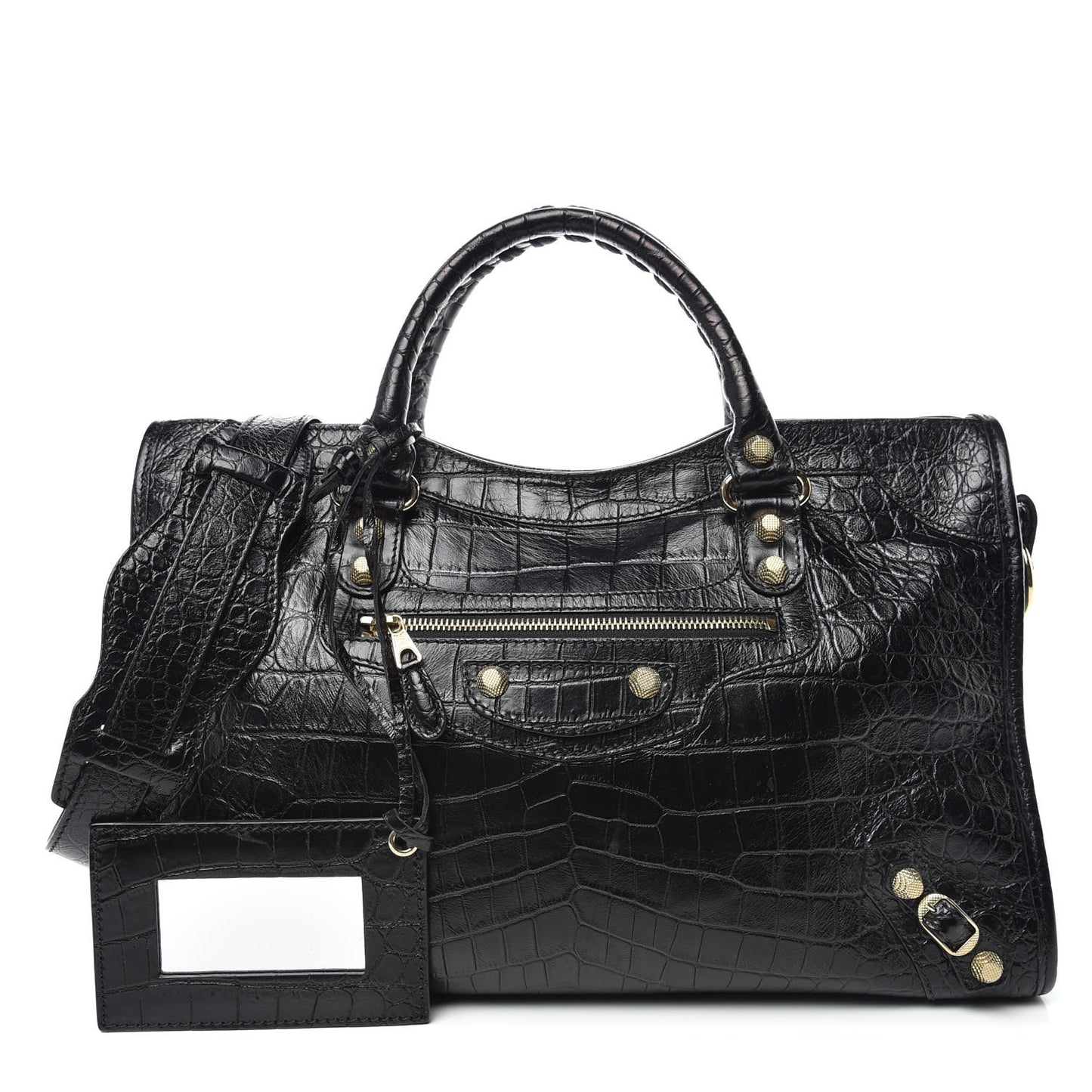 Calfskin Crocodile Embossed Giant 12 Gold Hardware City Black
