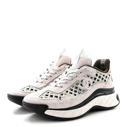 Chanel Suede Calfskin Embroidered CC Sneakers 35.5 Ecru Light Gray 4 of 9