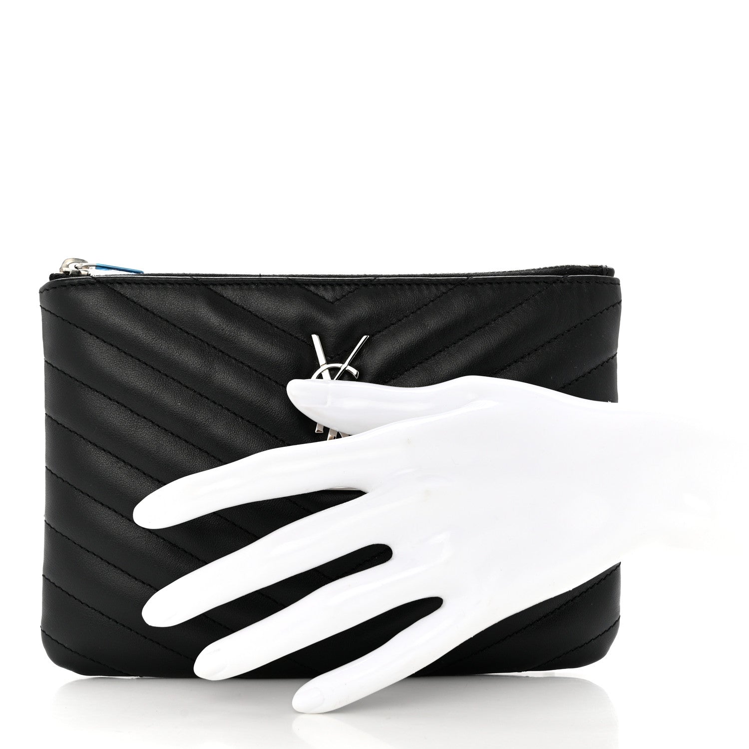 Saint Laurent Calfskin Matelasse Chevron Monogram Pouch Black 2 of 8