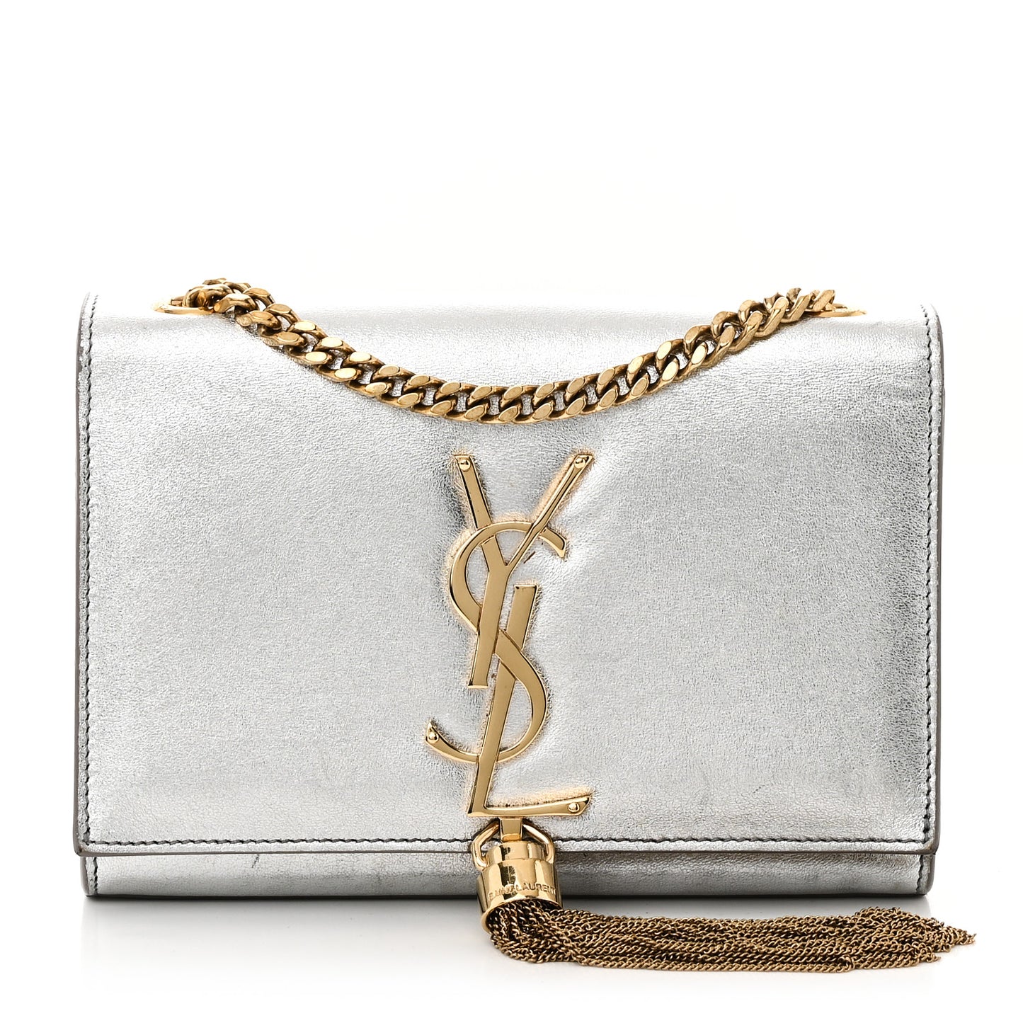 Metallic Calfskin Small Classic Monogram Kate Tassel Satchel Silver