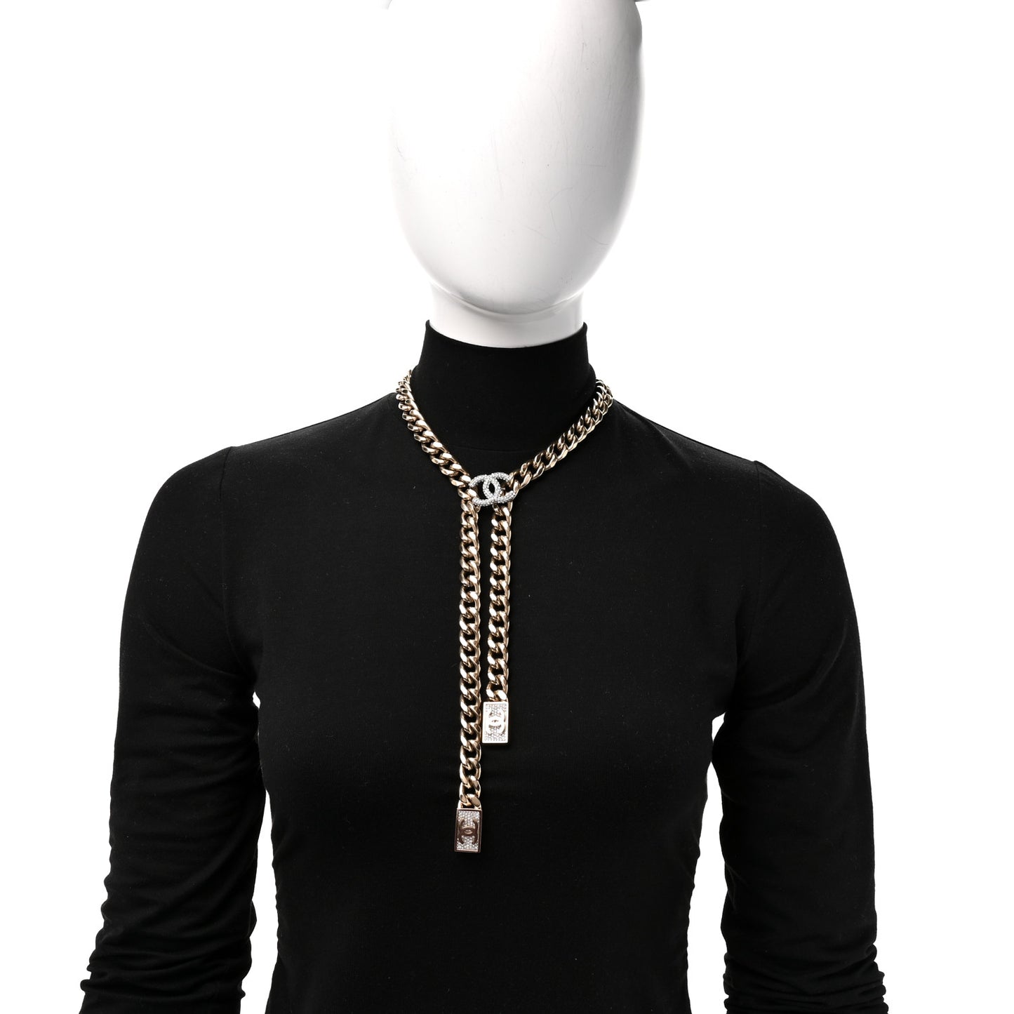 Chain Link Crystal CC Dog Tag Charm Necklace Gold