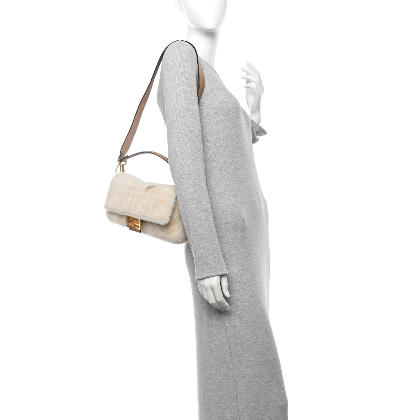 Shearling Vitello Dolce Macro FF 1974 Baguette White Ice Cuoio Miele Scuro