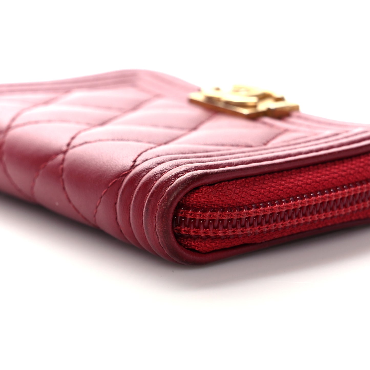 Lambskin Quilted Boy Zip Around Coin Purse Wallet Red