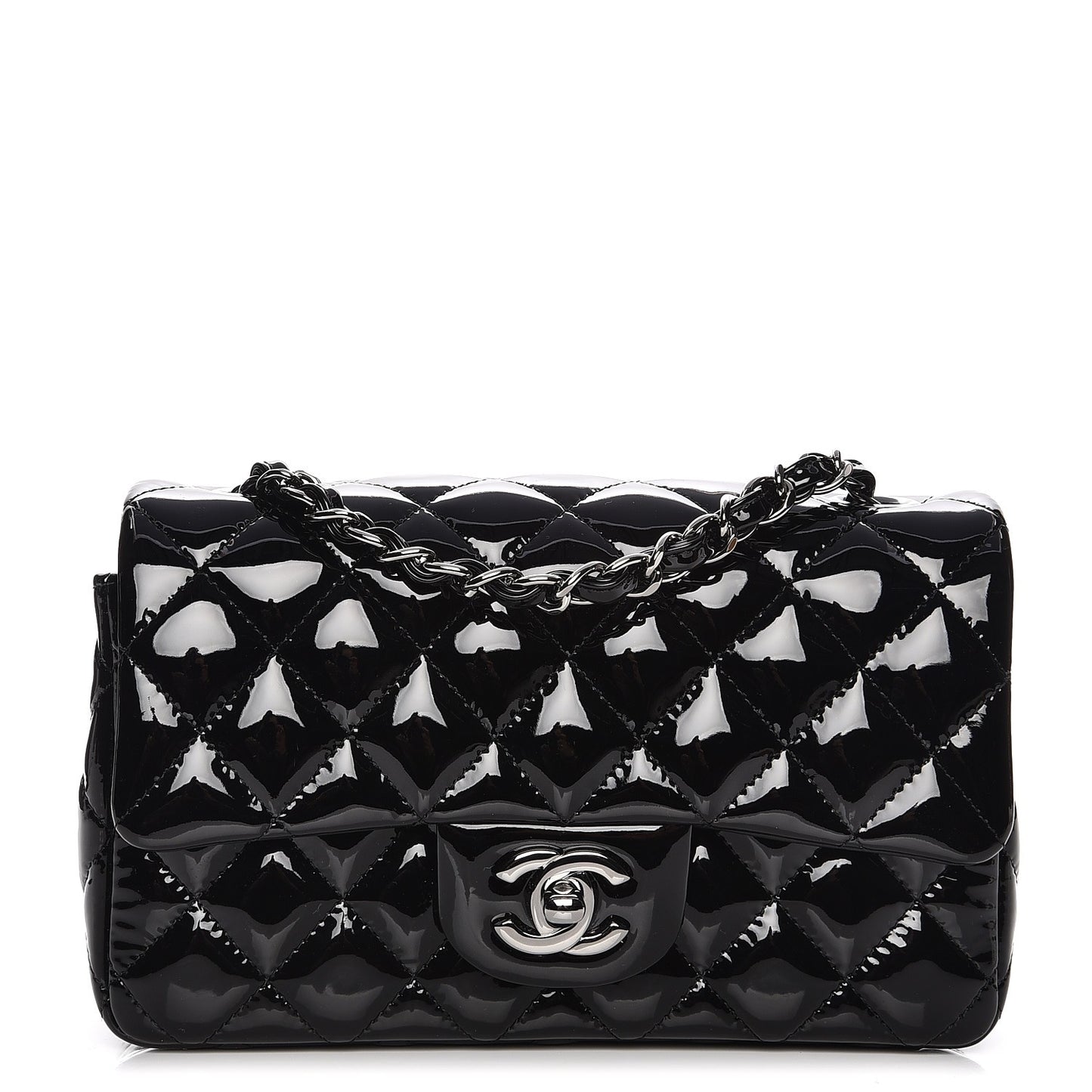 Patent Calfskin Quilted Mini Rectangular Flap Black