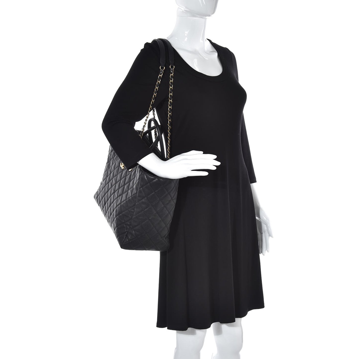 Caviar Quilted Large Coco Handle Shopping Tote Black