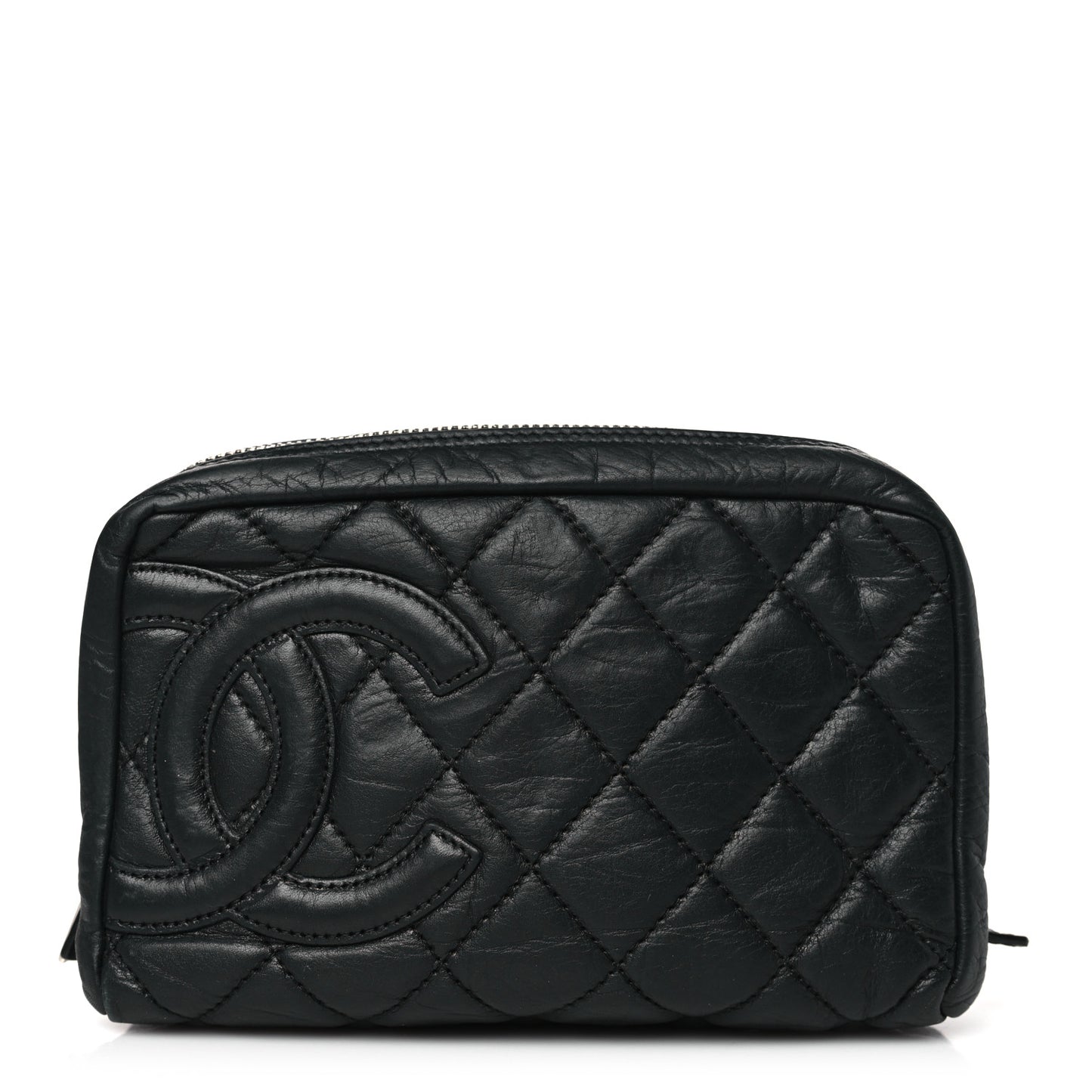 Aged Calfskin Quilted Cambon Cosmetic Case Black