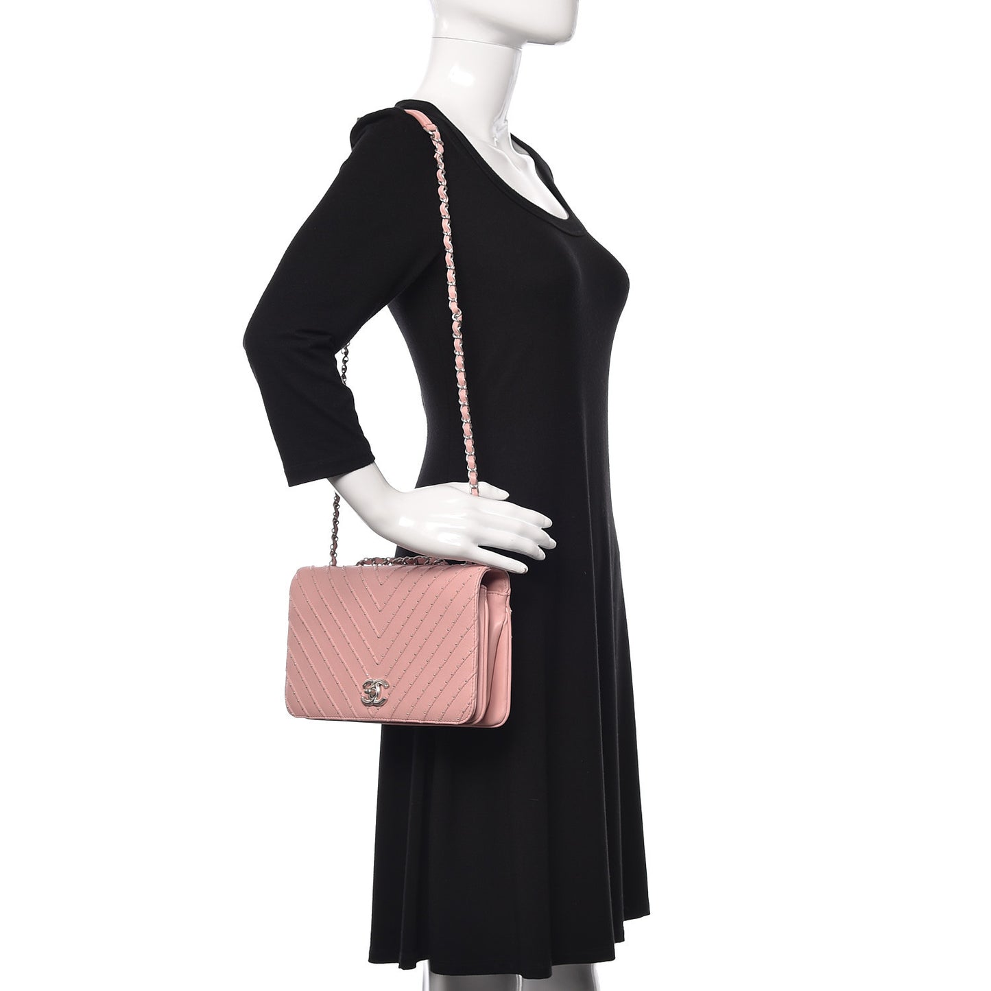 Calfskin Studded Chevron Quilted Flap Pink
