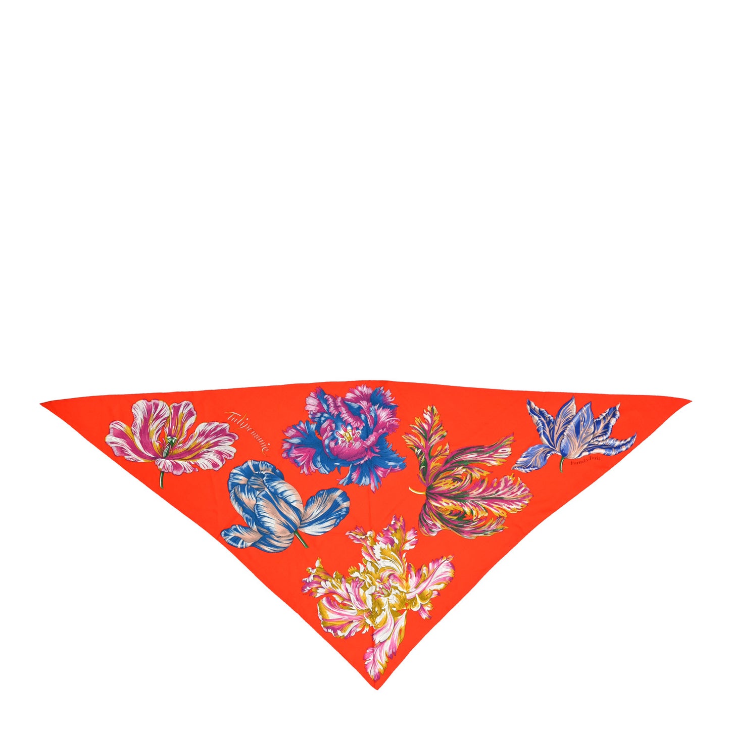 Cashmere Silk Tulipomanie Giant Pointe Triangle Scarf Vermillon Bleu Cobalt Fuschia