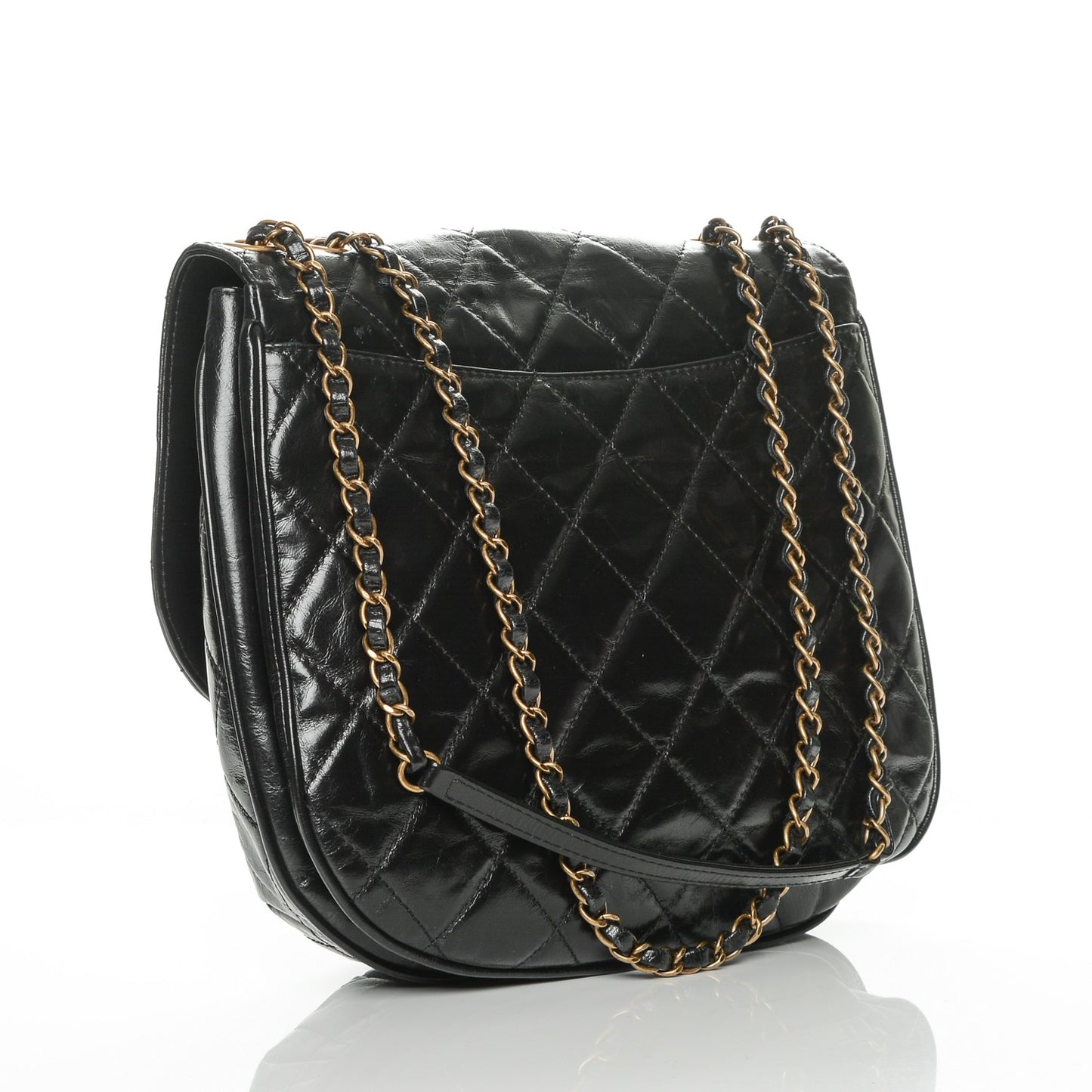 Aged Glazed Calfskin Quilted Large Bubble CC Flap Black