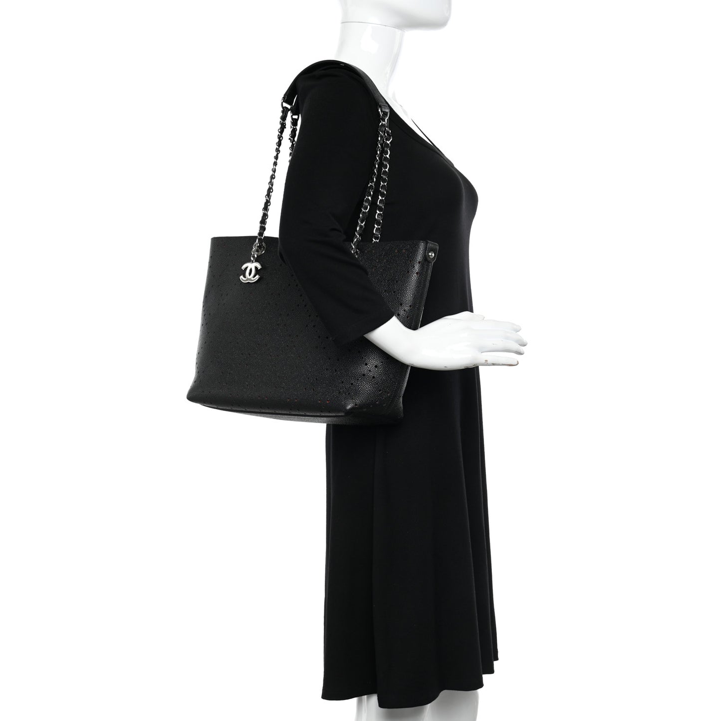 Perforated Grained Calfskin Large Shopping Tote Black