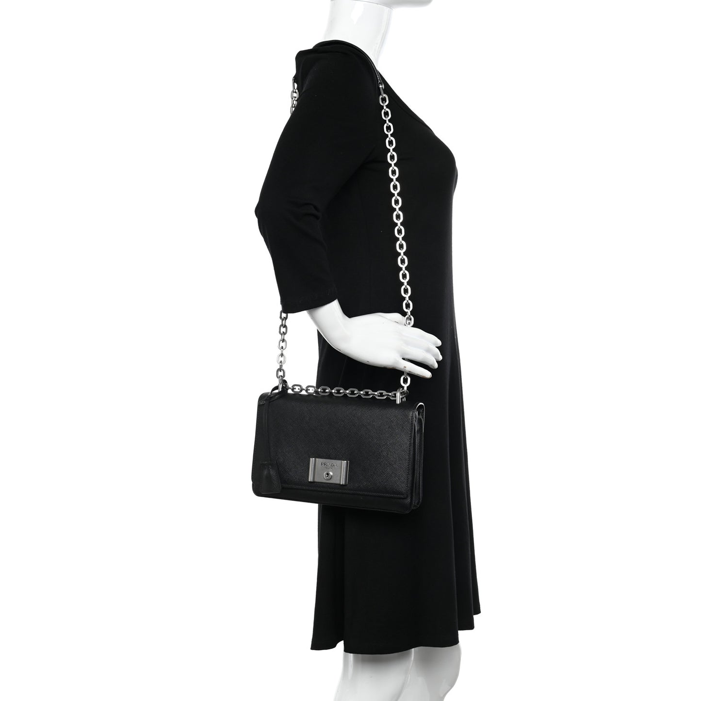 Saffiano Lux Lock Flap Chain Shoulder Bag Black
