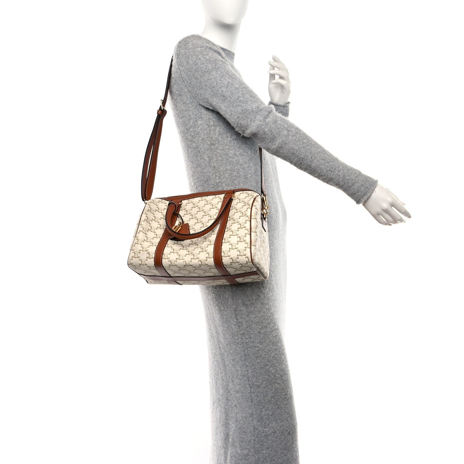 Celine Triomphe Canvas Calfskin Boston Bag White 2 of 10