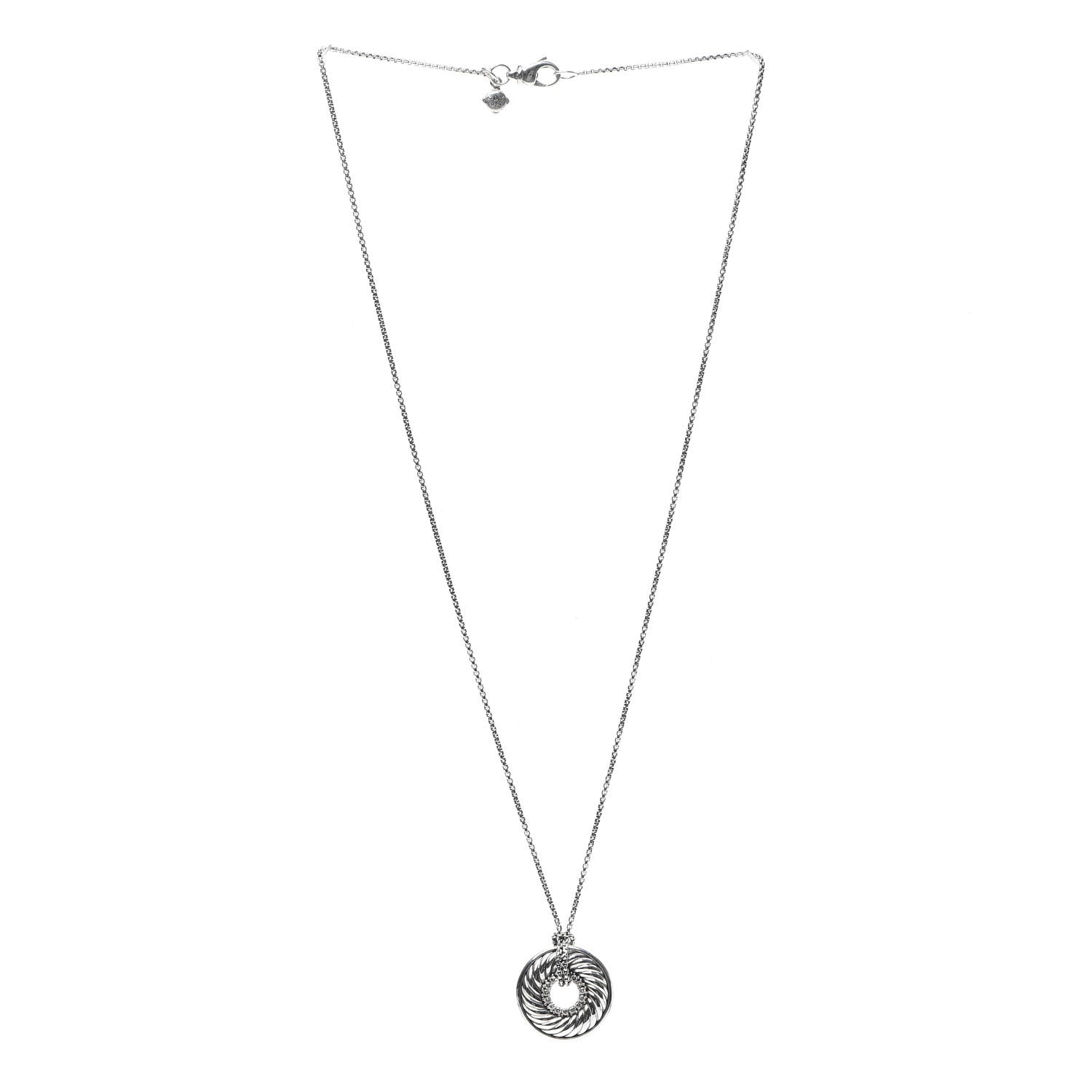 David Yurman Sterling Silver Diamond Sculpted Cable Disc Necklace 2 of 5