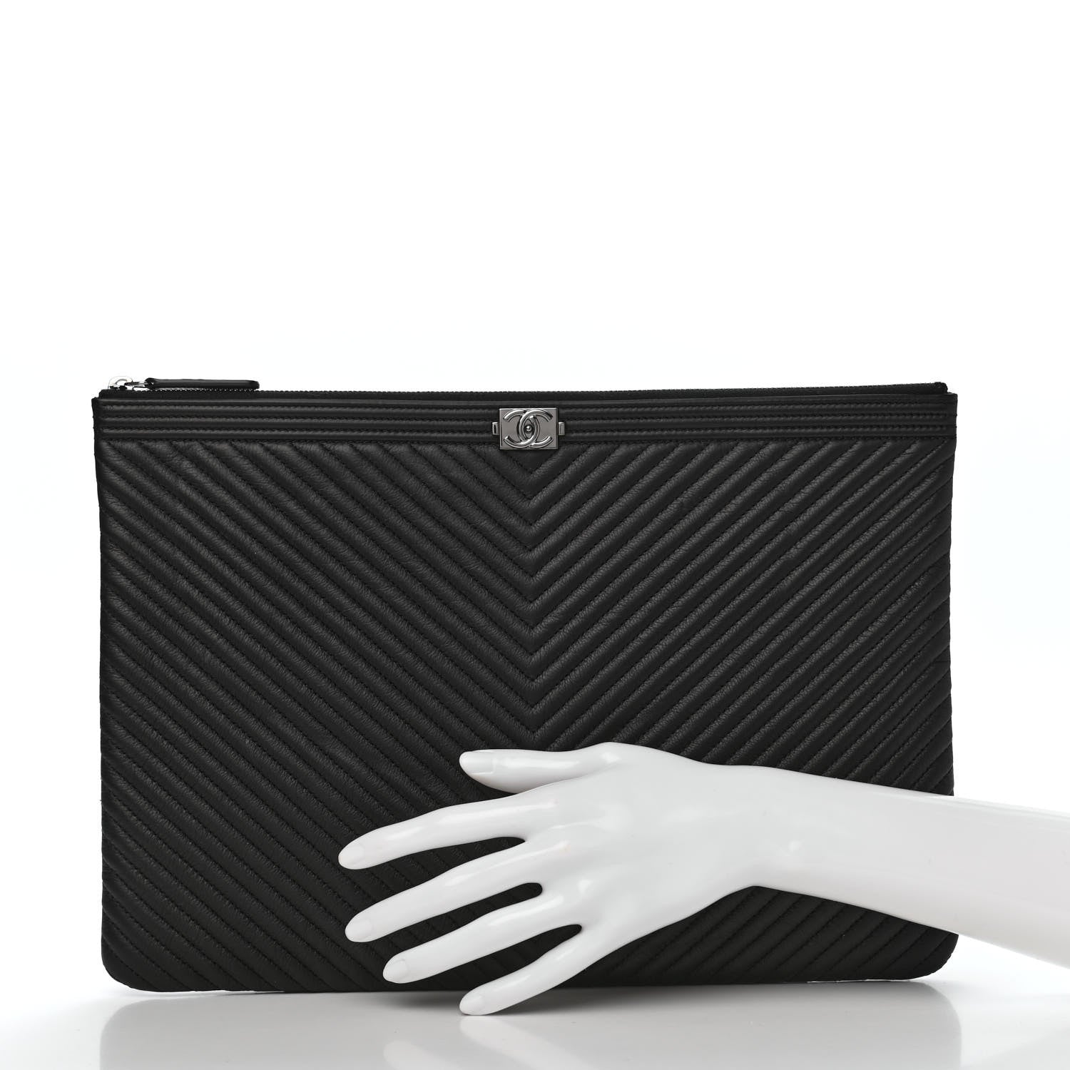 Chanel Caviar Chevron Quilted Large Boy Cosmetic Case Black 2 of 9
