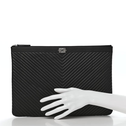 Chanel Caviar Chevron Quilted Large Boy Cosmetic Case Black 2 of 9