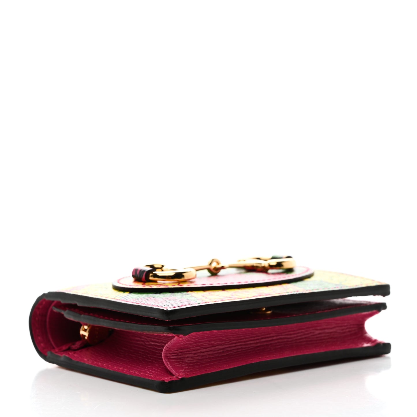 X KEN SCOTT Textured Calfskin Pomponica Print Horsebit 1955 Card Case Wallet Multicolor Fuxia Pompom