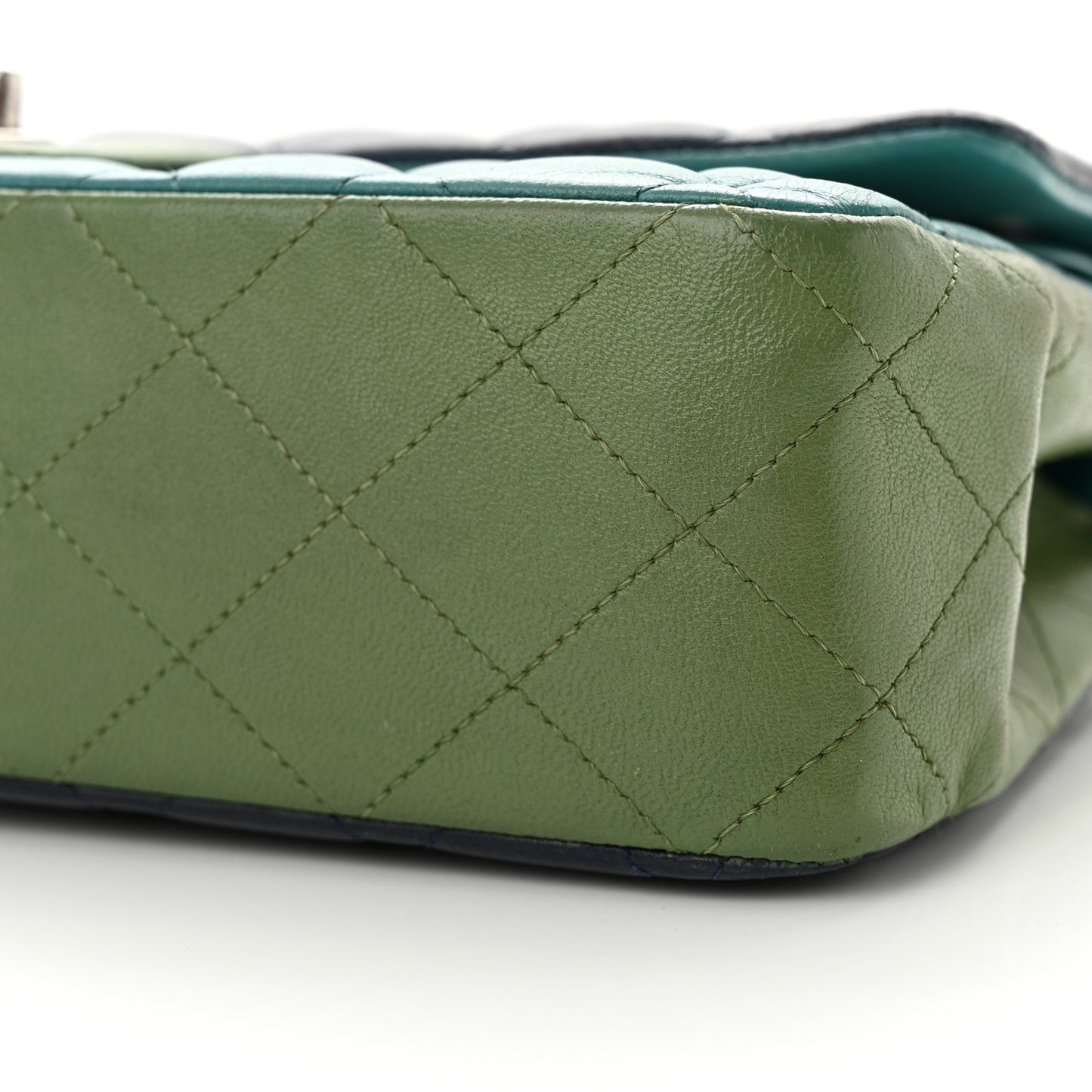 Lambskin Quilted Tri-Color Medium Double Flap Navy Blue Green