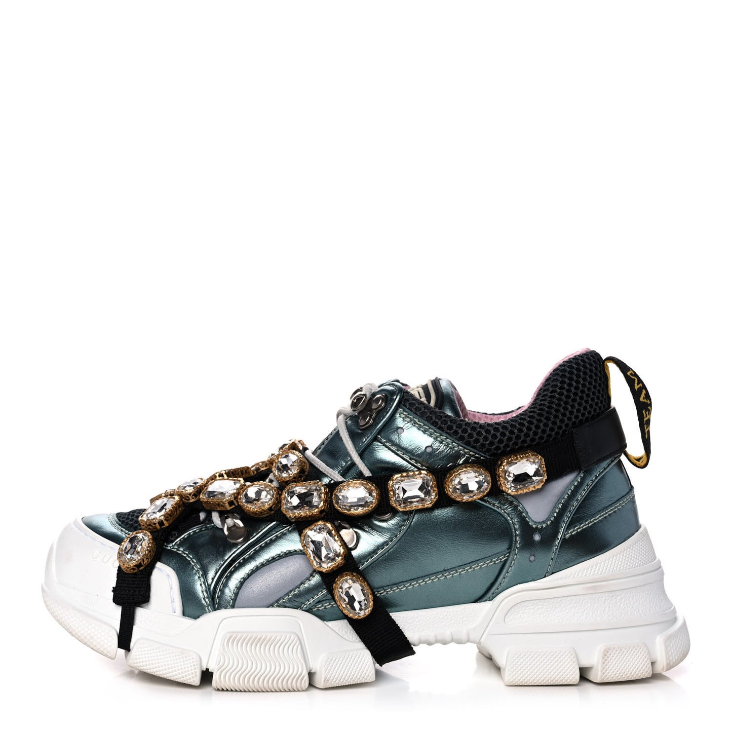 X SEGA Metallic Calfskin Removable Crystals Womens Flashtrek Sneakers 39 Lago Loess Silver